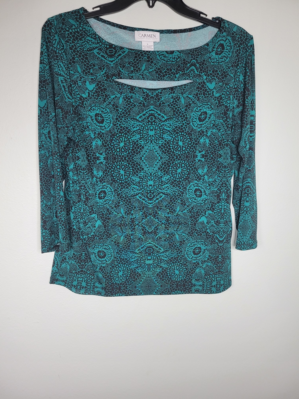Carmen Marc Valvo Teal and Black Lace-Print Long Sleeve Top